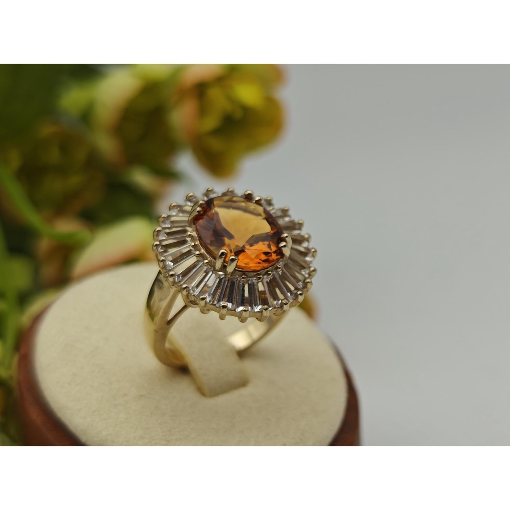 Sunburst Halo Vintage Cocktail Ring Women Size 6 Gold Citrine Oval Baguette Cut